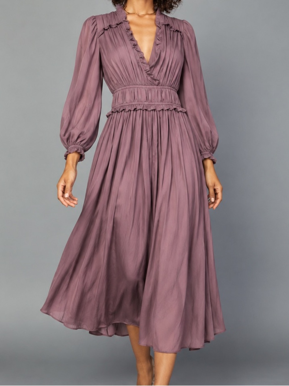 Current Air Anthropologie Mauve Ruffled Midi Dress Romantic Boho XXS